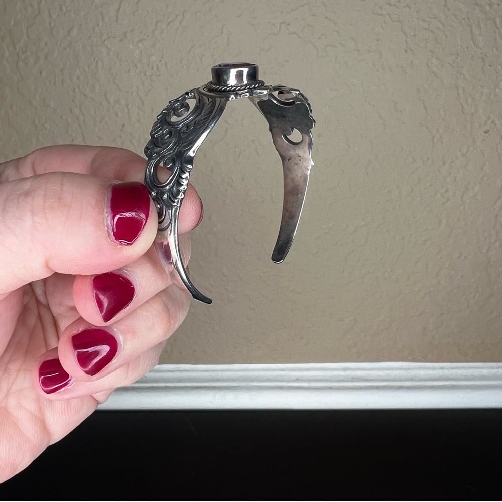 Vintage Sterling Silver and Amethyst Cuff, Ornate Bracelet, February Birthstone - Picture 6 of 10